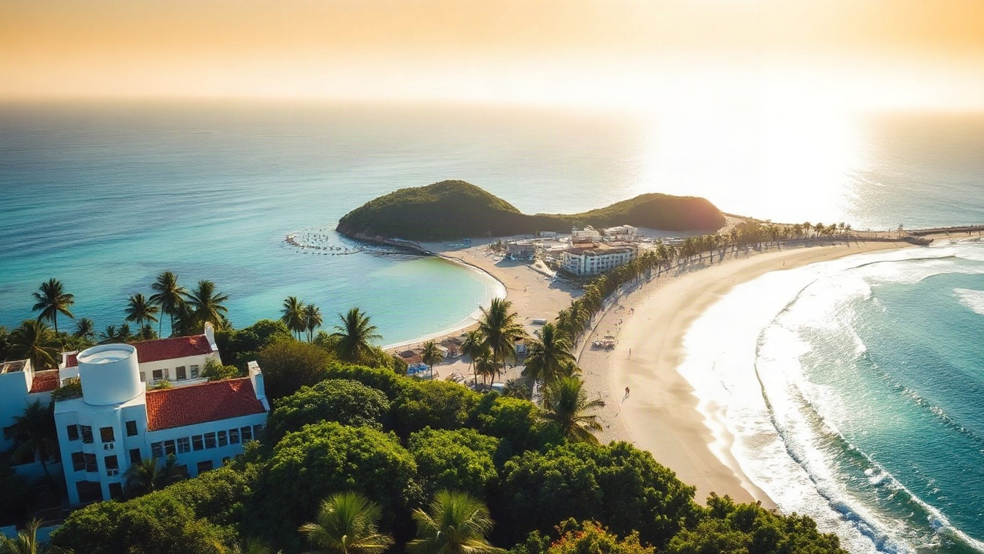 Aerial view of the Florianópolis coastline at golden hour