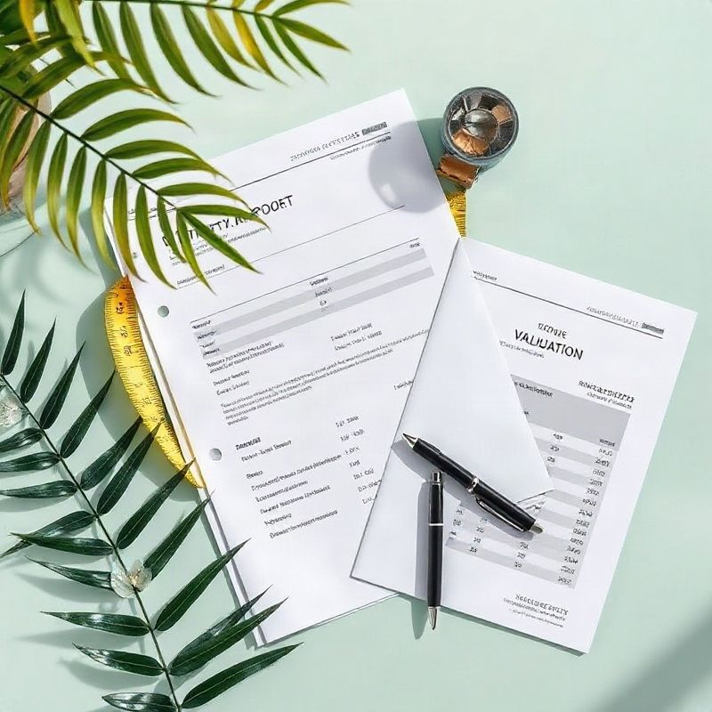 Property documents, measuring tape and a printed valuation report on a pale desk